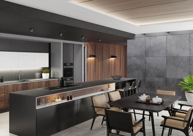 Luxurious matte black minimalist kitchen.